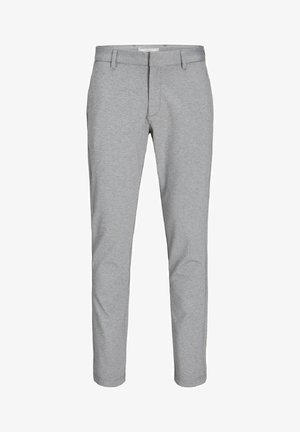 Pantalones de mezcla de algodón gris con una textura suave, diseño de pierna ajustada, cinturilla con trabillas y parte delantera plana. Aptos para uso casual.