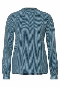 Långärmad blus med hög krage, prydd med ett fiskbensmönster i mörkblå och ljusblå ränder, tillverkad av lättviktsmaterial.