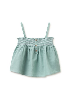 Top corto azzurro chiaro senza maniche con corpetto arricciato, tre bottoni di legno al centro e spalline sottili.