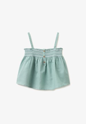 Jasnoniebieski krótki top bez rękawów z marszczonym gorsetem, trzema drewnianymi guzikami na środku i cienkimi ramiączkami.