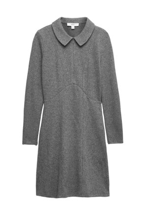 Šedé vlněné šaty s kulatým límcem, dlouhými rukávy a p řiléhavým živůtkem. Mají jemné švové detaily a rozšířenou sukní.