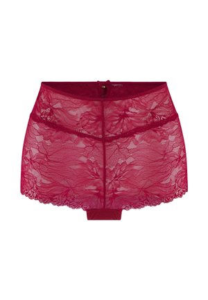 Rode kant hipster shorts met bloemenpatroon, gegolfde randen en een lintaccent aan de achterkant. Zachte, doorschijnende textuur.