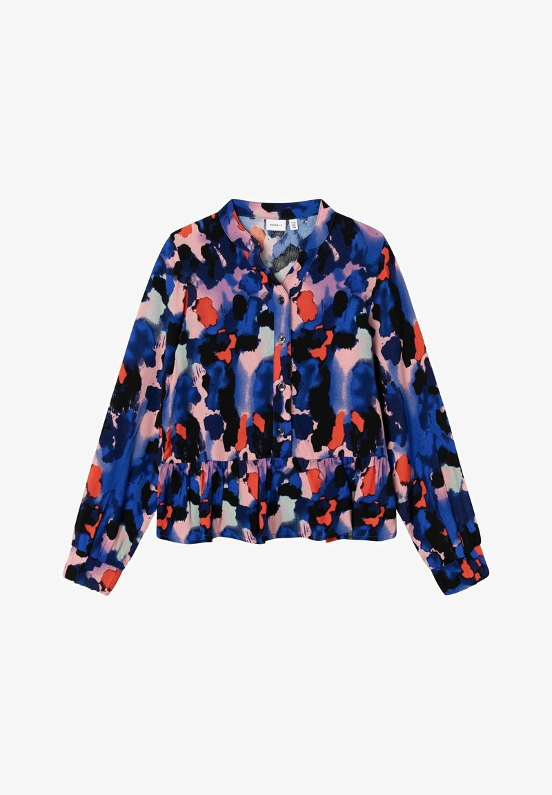 Blouse à manches longues avec ourlet froncé, boutonnée devant, motif abstrait multicolore en tons de bleu, rose, noir et orange.