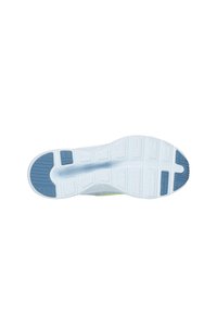 Suela de sneaker blanca con un diseño texturizado. Presenta una sección de goma azul y patrones elevados alternados para proporcionar tracción. Se aprecian acentos en verde claro.