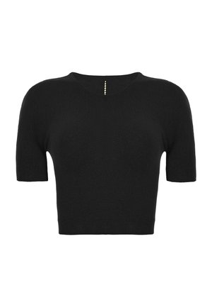 Schwarzer kurzärmeliger, kurz geschnittener Pullover mit rundem Halsausschnitt und einem kleinen vertikalen Stich vorne in der Mitte.