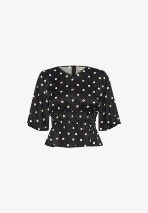 Czarna bluzka z krótkim rękawem w kremowe grochy, z dopasowaną talią i peplum u dołu, zamykana na zamek z tyłu.