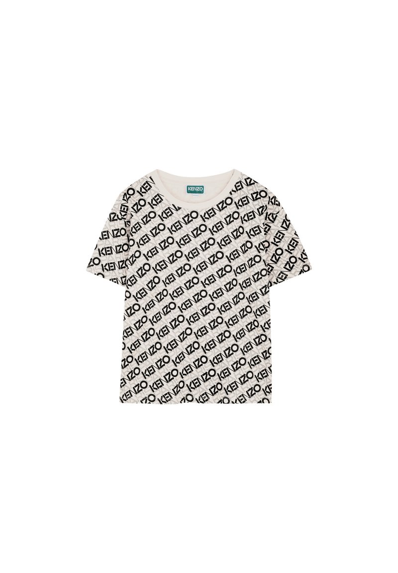 T-shirt à manches courtes, col rond en beige clair avec un motif imprimé répétitif de logo noir. Matière en coton doux avec une coupe décontractée.
