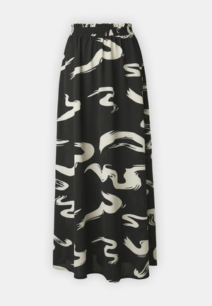 Gonna maxi nera con motivo astratto bianco, vita elastica, tessuto leggero, design fluido e orlo alla caviglia.