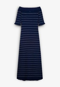 Navy blue off-the-shoulder dress with short, ruffled sleeves. Features white horizontal stripes and a fitted, ribbed texture throughout.