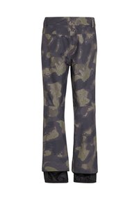 Camouflage ski broek in donker groen en zwart met een stijlvolle afwerking, uitgerust met elastische manchetten en een waterafstotend materiaal.