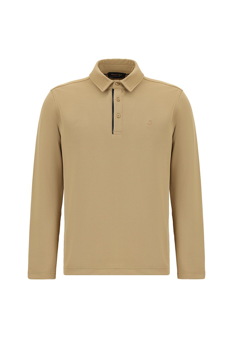 Beige Langarm-Polohemd mit einem Kragen, ausgestattet mit drei Knöpfen und einem strukturierten Stoff. Dezentes Logo auf der Brust.