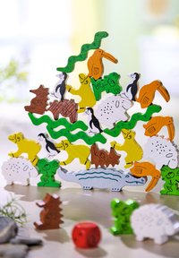 Wooden animal stacking game featuring colorful animals in orange, yellow, green, and brown, with illustrated details and a crocodile base.