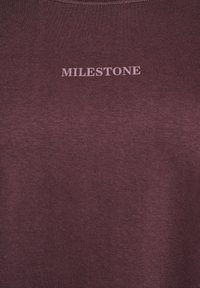 Burgundi värvi lühikeste varrukatega t-särk, millel on sile tekstuur ja ümmargune kaelus. Rinnaosasse on trükitud sõna "MILESTONE" helesinises värvitoonis.