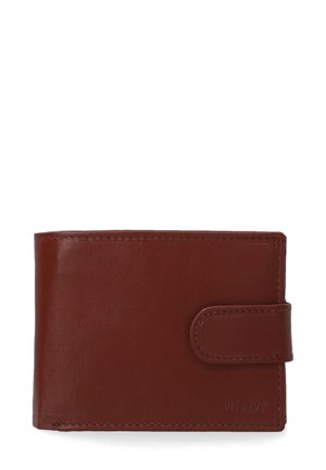 Brown leather wallet with a smooth texture, bi-fold design, and a magnetic closure. Features a subtle logo and clean stitching.