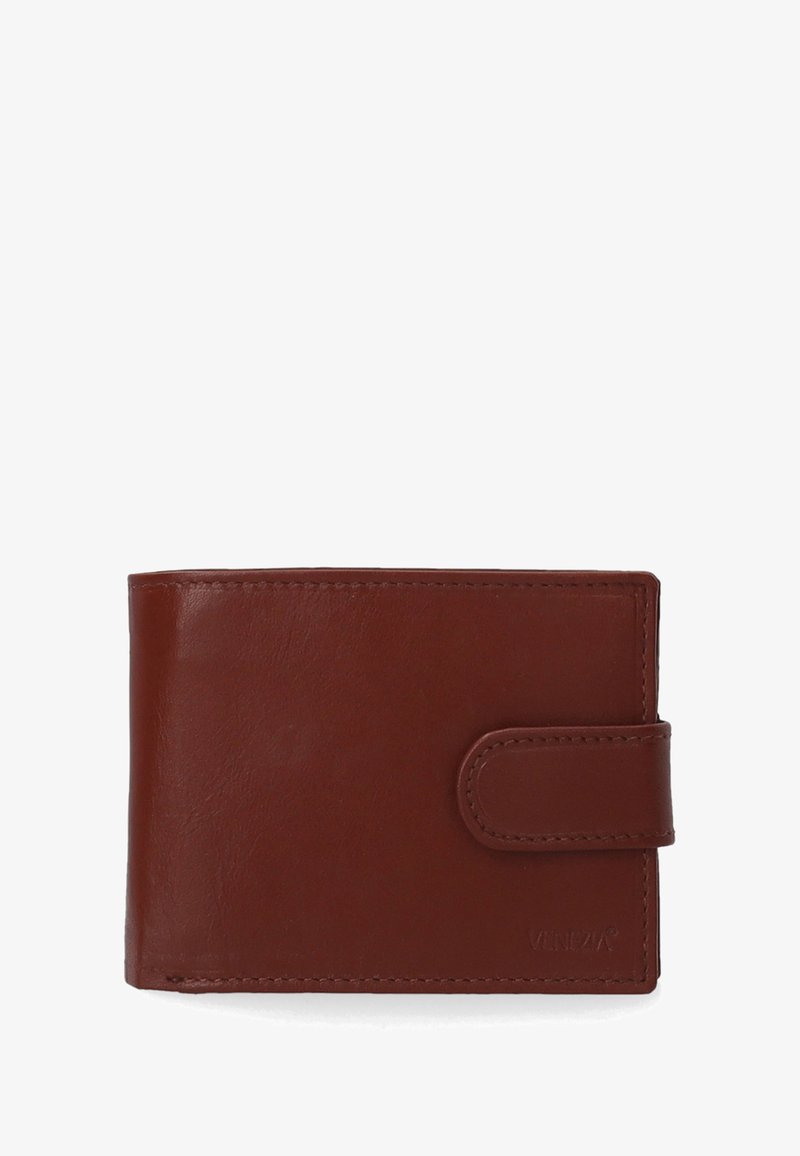 Brown leather wallet with a smooth texture, bi-fold design, and a magnetic closure. Features a subtle logo and clean stitching.