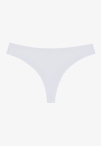 Bílé tangové spodní prádlo vyrobené z hladkého materiálu, s minimem švů, tangovým střihem a úzkým pasem. Lehký a flexibilní design.