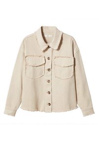 Beige denimjakke med frynset krave og manchetter, to øverste lommer, knaplukning foran og en afslappet pasform.