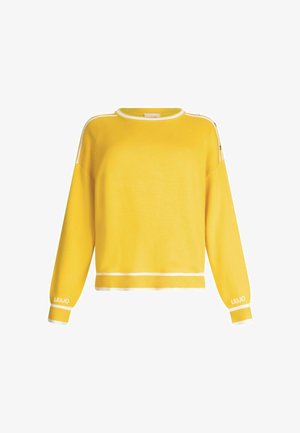 Kollane kudumine sviiter, millel on ümar kaelus, pikad varrukad ja valged aktsenttriibud õlgadel ning heml. Logo on trükitud varruka peale.