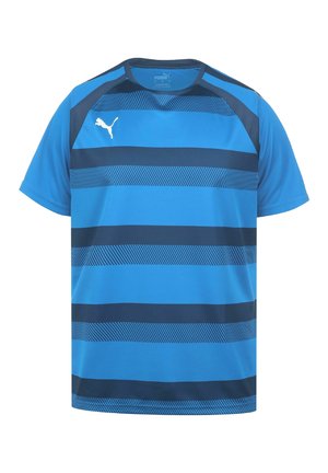 Puma sport t-shirt met blauwe en marineblauwe horizontale strepen, ronde hals, korte mouwen en een textuurpatroon.