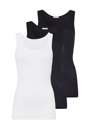 Drei ärmellose Tanktops, eines vorne weiß und zwei schwarze hinten, vor weißem Hintergrund gezeigt.