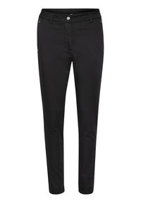 Pantalon noir en tissu lisse ; coupe slim, braguette zippée, bouton en métal, et accents latéraux discrets pour un design épuré.