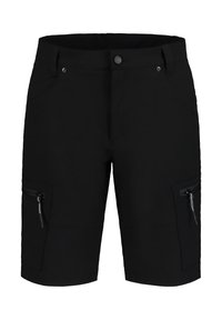 Svarta cargoshorts i lättviktsmaterial, med två sidfickor med dragkedja, bältesöglor och en knappstängning framtill.