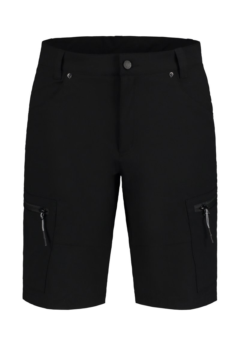 Svarta cargoshorts i lättviktsmaterial, med två sidfickor med dragkedja, bältesöglor och en knappstängning framtill.