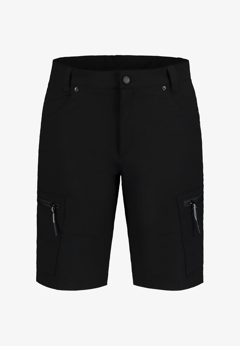 Mustat cargo-shortsit, jotka on valmistettu kevyestä kankaasta. Niissä on kaksi sivuvetoketjua, vyölenkit ja nappisulku edessä.