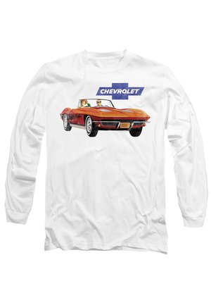 White long-sleeve shirt featuring a vintage red Chevrolet convertible with two figures in front, and a blue Chevrolet logo above.