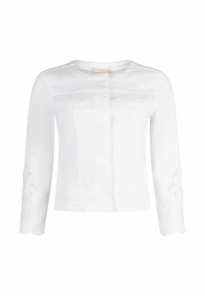 Veste courte blanche à manches longues avec encolure ronde, fermeture avant dissimulée, poches décoratives et broderie florale sur les manches.