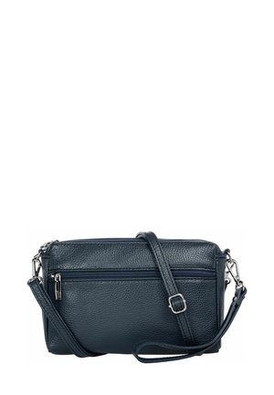 Navy leather crossbody bag with textured surface, two zippered compartments, adjustable strap, and silver-tone hardware accents.
