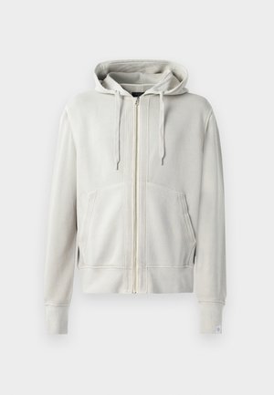 Hoodie zippé gris clair en coton mélangé doux, doté d'une grande poche kangourou, d'une capuche avec cordon de serrage et de poignets côtelés.