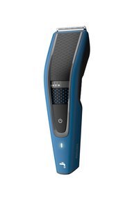 Tagliacapelli Philips con un design blu e nero, dotato di impugnatura texturizzata, impostazioni di lunghezza digitali e simbolo impermeabile.