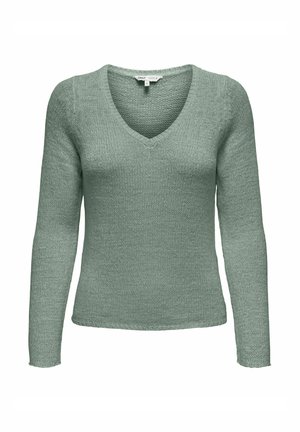 Pull vert clair à manches longues avec un décolleté en V. Fabriqué en matériau tricoté texturé. Présente une silhouette ajustée et une couture simple.