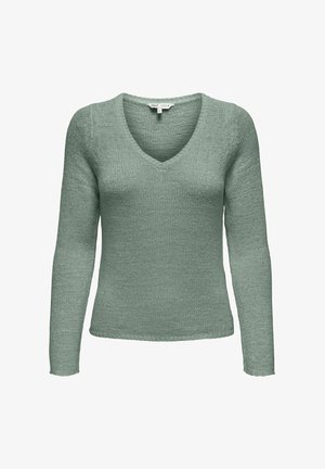 Maglione verde chiaro a maniche lunghe con scollatura a V. Realizzato in un materiale lavorato a maglia testurizzato. Presenta una silhouette aderente e cuciture semplici.
