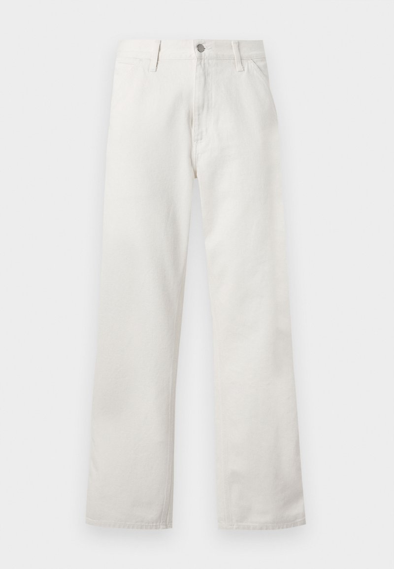 Jean droit blanc en denim pour homme, avec fermeture par bouton et zip, passants de ceinture et poches avant.