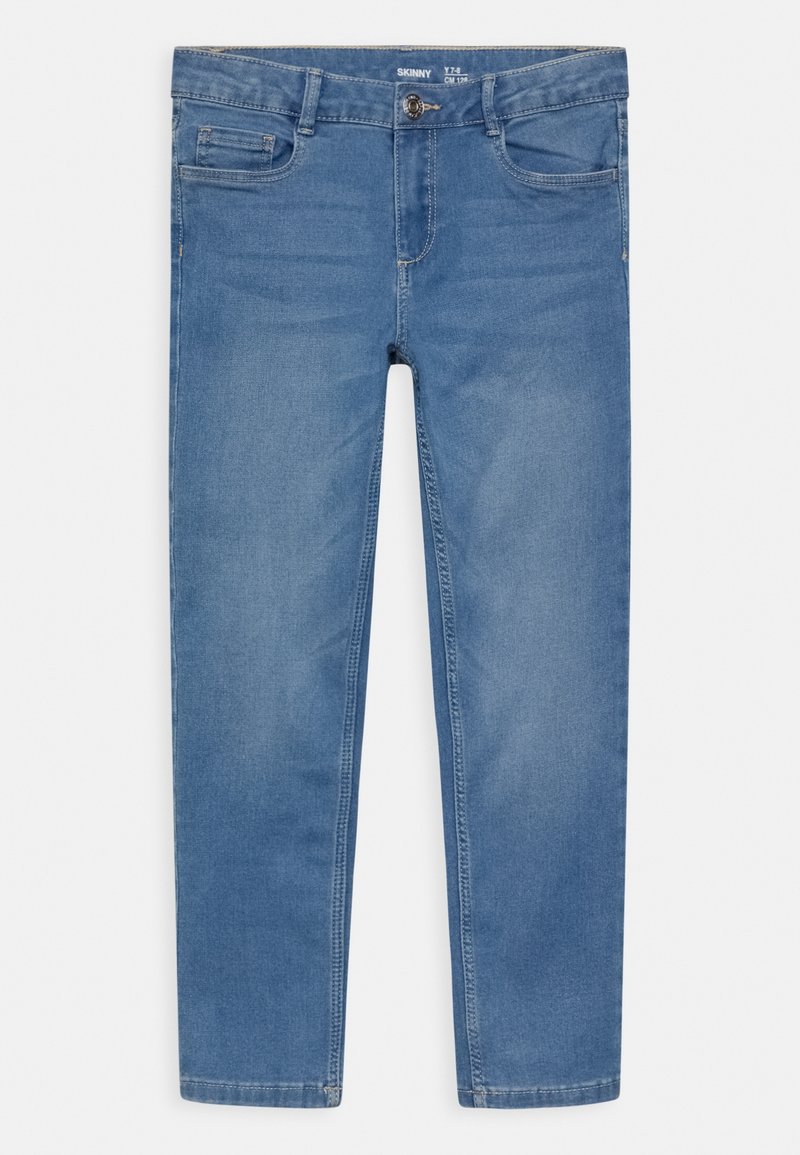Jean skinny bleu clair avec poches avant et fermeture à boutons, présenté à plat de face sur fond blanc.