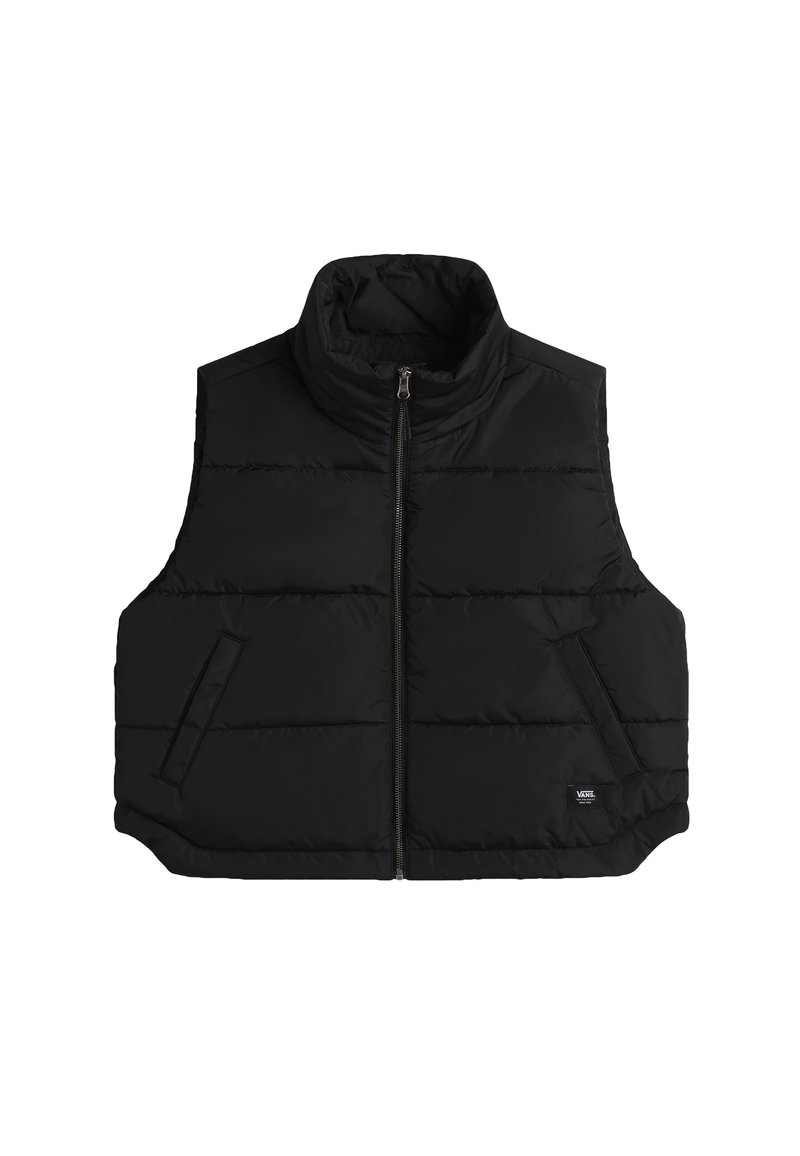 Schwarze, gefütterte Weste mit hohem Kragen, Frontreißverschluss und zwei seitlichen Taschen. Glatte Textur mit horizontalem Steppmuster.