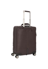 Valigia a rotelle in pelle marrone con quattro ruote, manico metallico retrattile, due tasche con cerniera e superficie testurizzata.