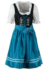 Traditional dress with a black bodice featuring colorful floral embroidery, white puff sleeves, and a teal skirt with checkered accents.