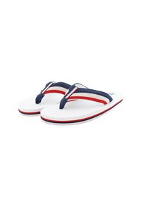 Valkoiset varvastossut, joissa on sinivalkoiset ja punaiset raidalliset nylon-hihnat. Ominaisuuksiin kuuluu teksturoitu pohja, jossa on hillitty logomuotoilu.