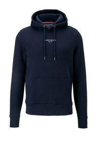 Marineblå hættetrøje lavet af bomuldsblanding, med en frontlomme i kangaroo-stil og hvid logo-tekst over lommen, samt snorede detaljer.