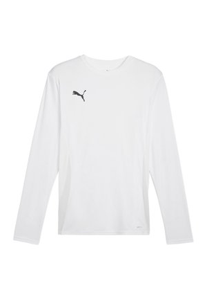 Witte sportshirt met lange mouwen heeft een zwart Puma-logo op de borst en ademende mesh zijpanelen voor ventilatie.
