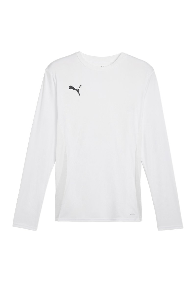 La maglietta sportiva a maniche lunghe bianca presenta un logo Puma nero sul petto e pannelli laterali in mesh traspirante per una migliore ventilazione.