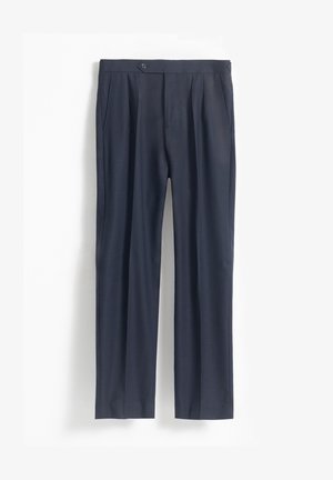 Pantalones de vestir ajustados de un azul marino oscuro, con pliegues frontales, bolsillos laterales y cinturilla con cierre de botón.