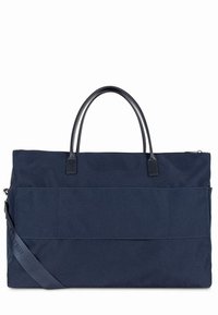 Borsa tote in tela blu navy con manici in pelle nera, chiusura con zip e due tasche frontali. Presenta cuciture resistenti e una tracolla regolabile.