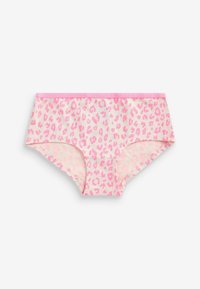Leopardprint ondergoed met een roze tailleband. Gemaakt van zachte stof, met een lichtroze basis en donkerder roze vlekken.