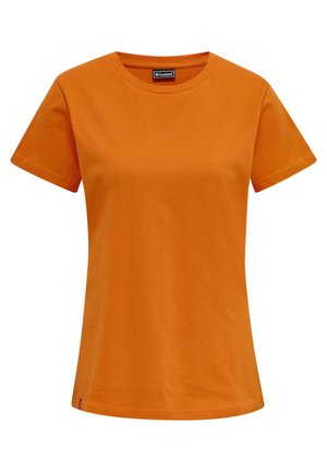 Oranje katoenen t-shirt met korte mouwen, ronde hals en een reguliere pasvorm. Kenmerkt zich door een klein merklabel aan de zijkant van de zoom.