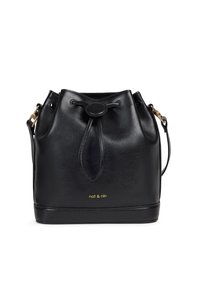 Sac seau en cuir noir avec fermeture à cordon, accents en métal doré et logo de la marque embossé à l'avant. Texture lisse.