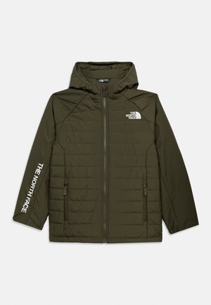 Jachetă cu glugă verde măsliniu, cu fermoar frontal, două buzunare cu fermoar, logo-ul "The North Face" pe piept și mânecă.